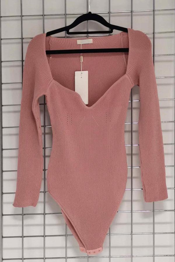Lasula Skye Pink Ribbed Long Sleeve Knit Bodysuit