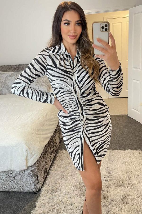 Lasula Laylah Black And White Zebra Print Button Front Ruched Velvet Bodycon Dress