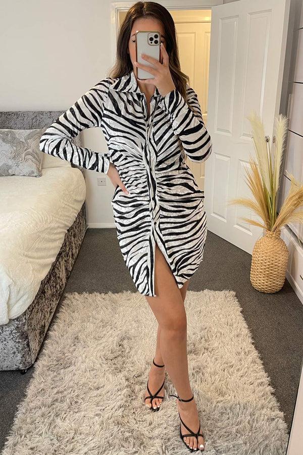 Lasula Laylah Black And White Zebra Print Button Front Ruched Velvet Bodycon Dress