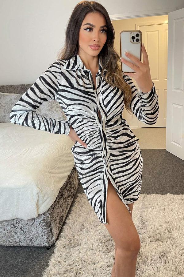 lasula Laylah Black and White Zebra Print Button Front Ruched Velvet Bodycon Dress