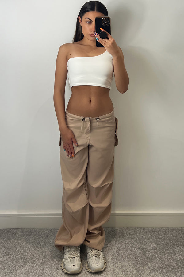 Lasula Lena Beige Low Rise Wide Leg Parachute Cargo Trousers