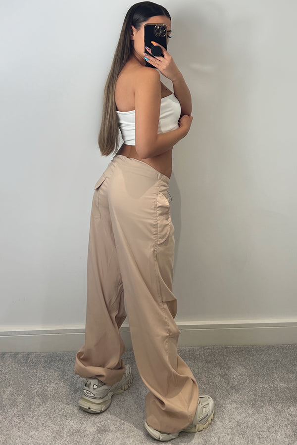 Lasula Lena Beige Low Rise Wide Leg Parachute Cargo Trousers