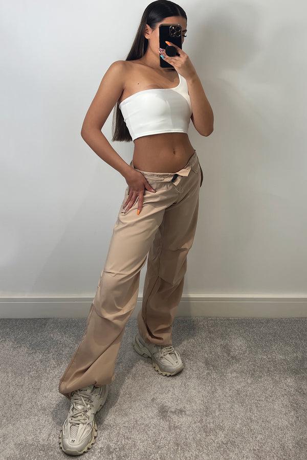 Lasula Lena Beige Low Rise Wide Leg Parachute Cargo Trousers