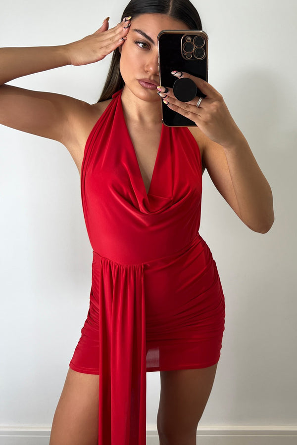 Lasula Lia Red Cowl Halterneck Ruched Drape Mini Dress