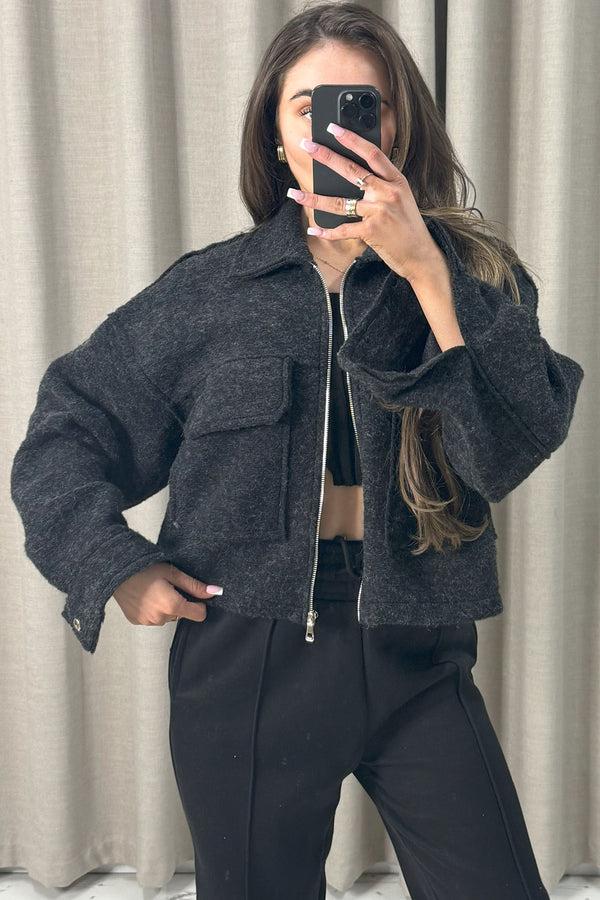 Lasula Liane Black Wool Look Pocket Detail Zip Up Jacket