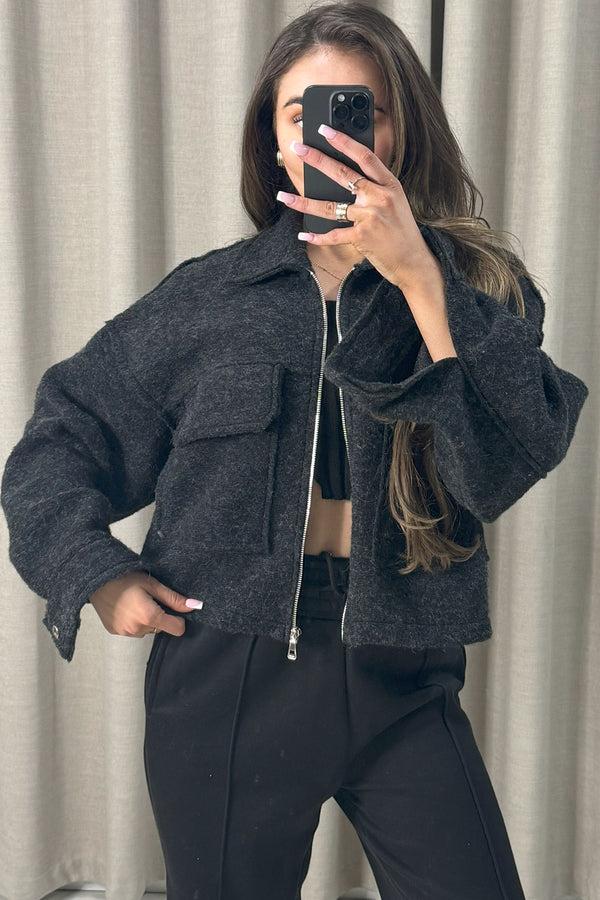 Lasula Liane Black Wool Look Pocket Detail Zip Up Jacket