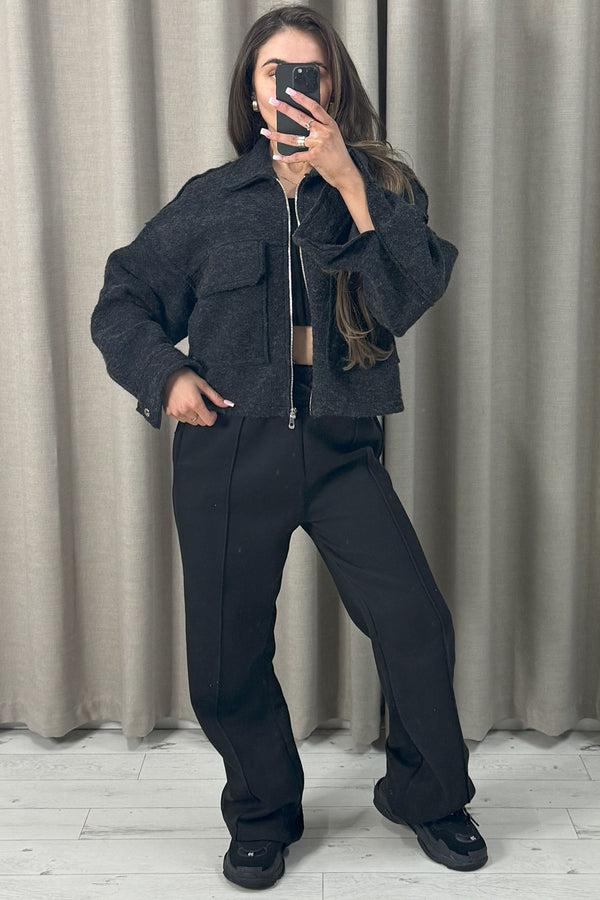 lasula Liane Black Wool Look Pocket Detail Zip Up Jacket