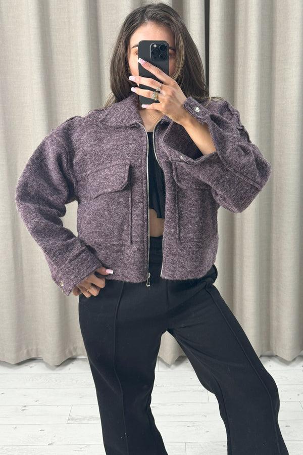 Lasula Liane Purple Wool Look Pocket Detail Zip Up Jacket