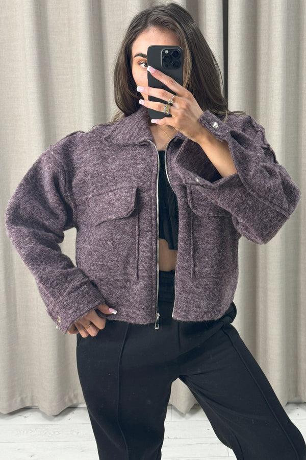 lasula Liane Purple Wool Look Pocket Detail Zip Up Jacket