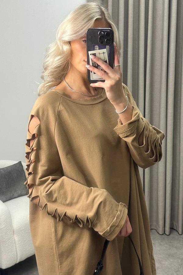 Lasula Lisa Dark Beige Slash Sleeve Oversized Jumper Dress