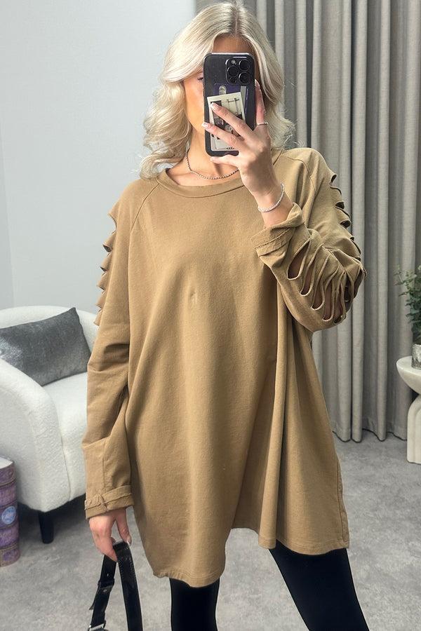 Lasula Lisa Dark Beige Slash Sleeve Oversized Jumper Dress