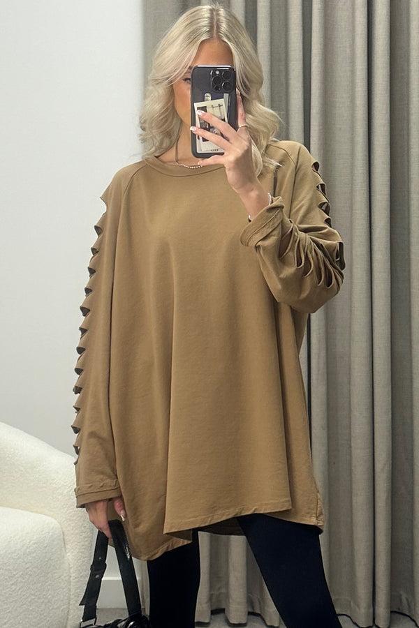 lasula Lisa Dark Beige Slash Sleeve Oversized Jumper Dress