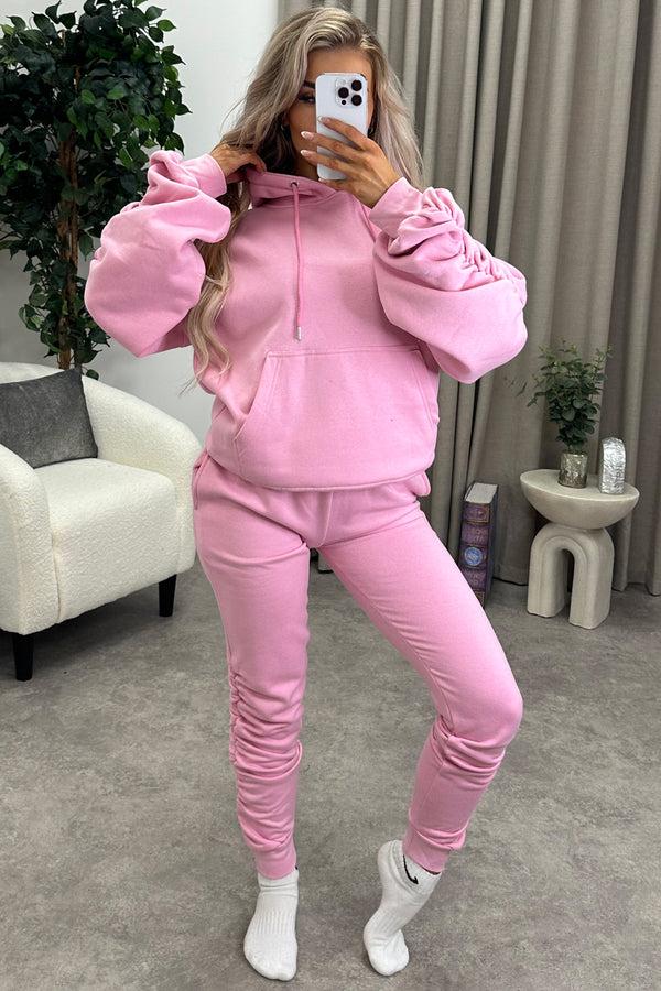 Lasula Lizzy Pink Ruched Detail Hoodie And Joggers Tracksuit