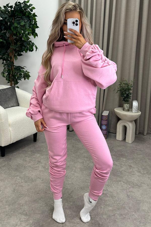 Lasula Lizzy Pink Ruched Detail Hoodie And Joggers Tracksuit