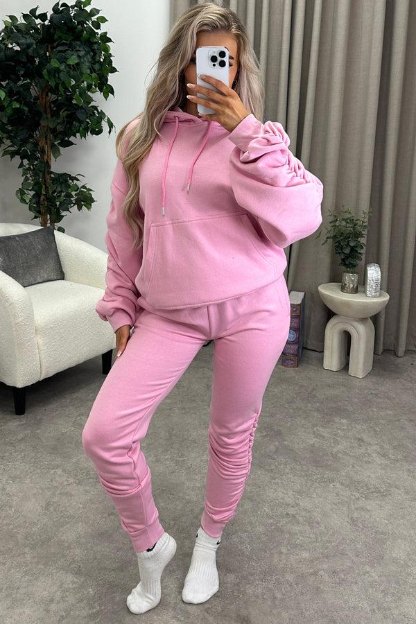 lasula Lizzy Pink Ruched Detail Hoodie and Joggers Tracksuit