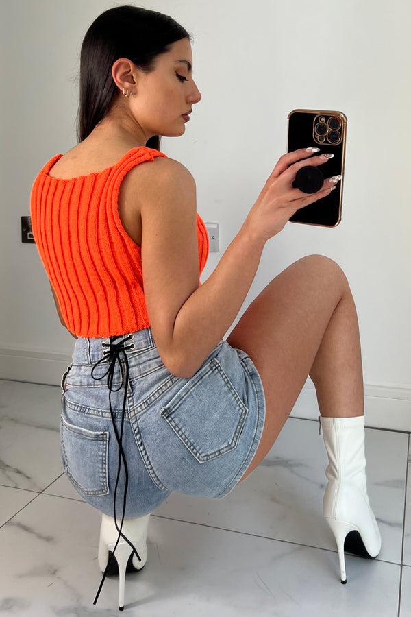 lasula Lydia Blue Button Up Lace Back Detail Denim Hot Pants