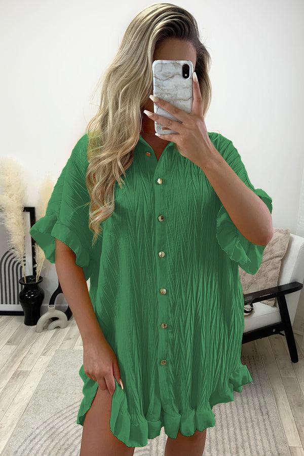 Lasula Macie Dark Green Textured Frill Hem Button Up Shirt Dress