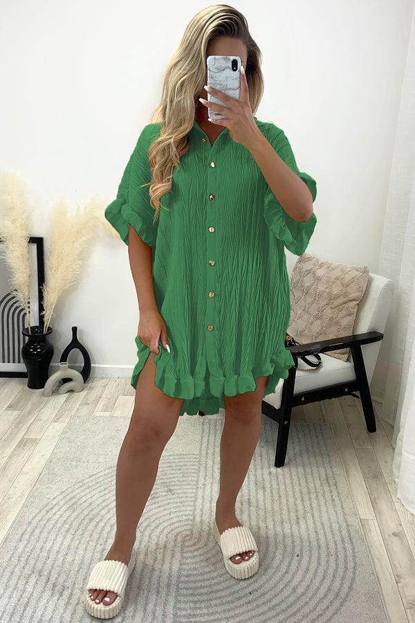 lasula Macie Dark Green Textured Frill Hem Button Up Shirt Dress lasula Macie Dark Green Textured Frill Hem Button Up Shirt Dress