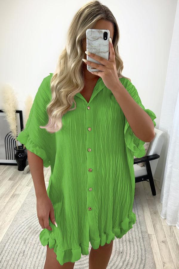 lasula Macie Green Textured Frill Hem Button Up Shirt Dress