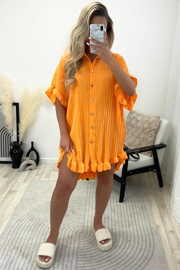 Lasula Macie Orange Textured Frill Hem Button Up Shirt Dress