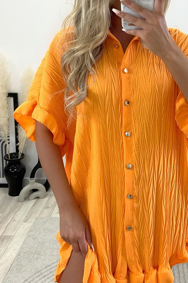 Lasula Macie Orange Textured Frill Hem Button Up Shirt Dress