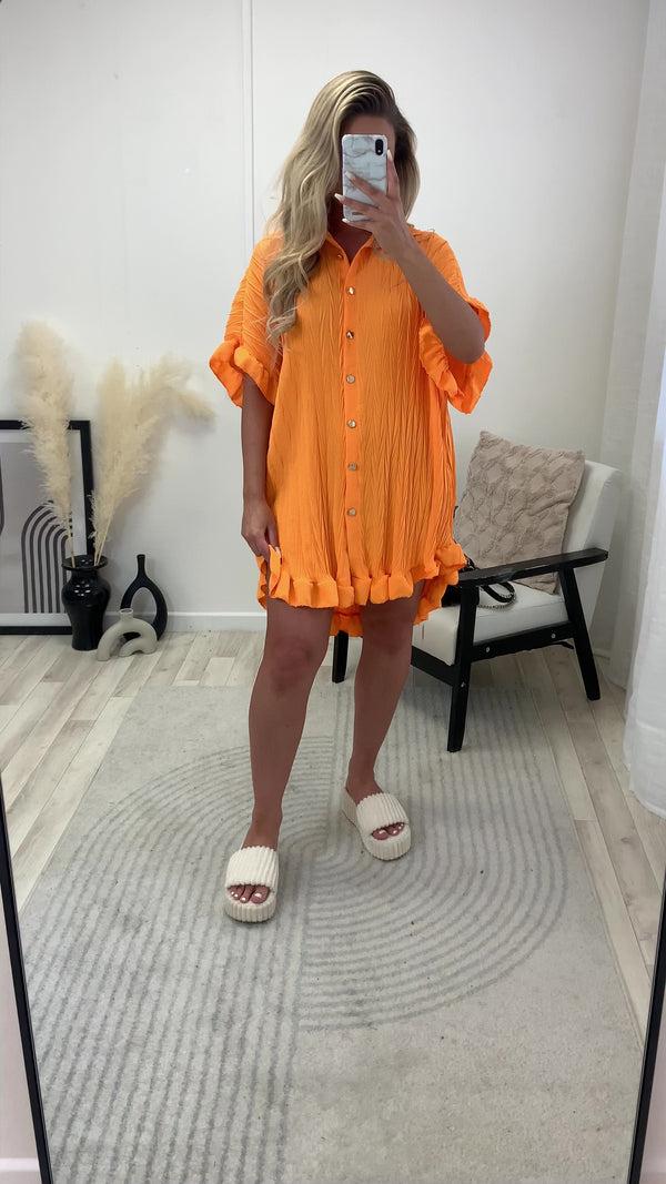Lasula Macie Orange Textured Frill Hem Button Up Shirt Dress
