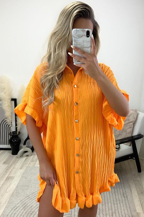 lasula Macie Orange Textured Frill Hem Button Up Shirt Dress