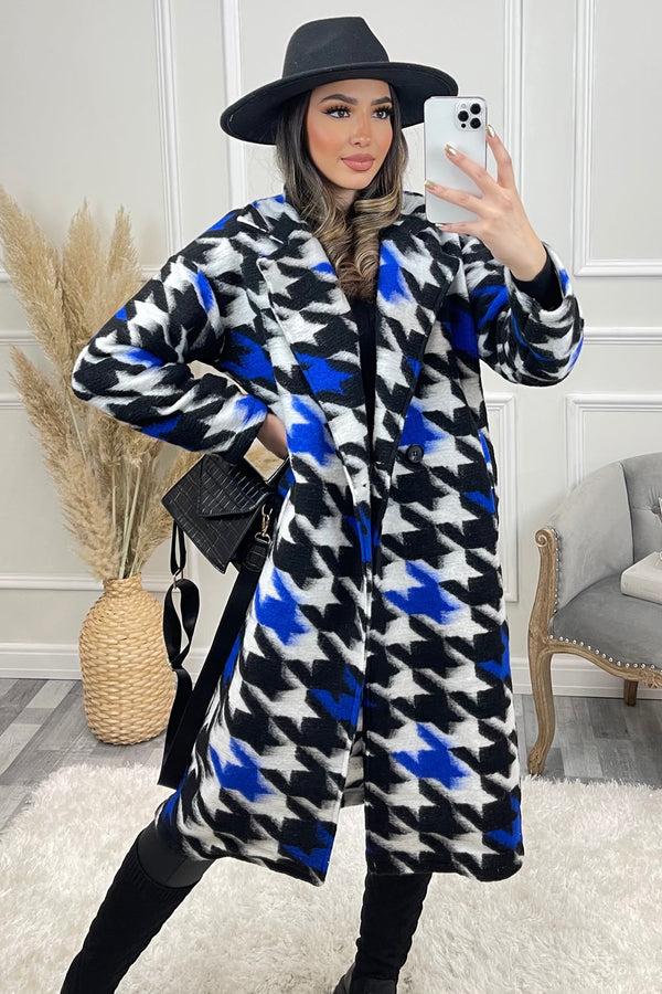 Lasula Mai Blue And White Multi Dogtooth Print Knitted Longline Coat