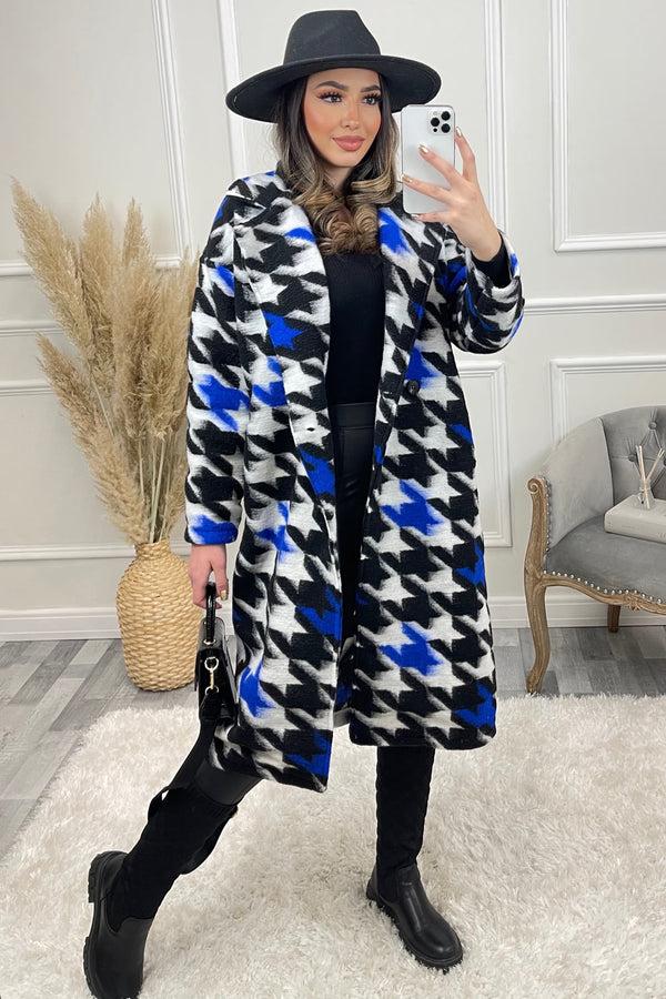 Lasula Mai Blue And White Multi Dogtooth Print Knitted Longline Coat