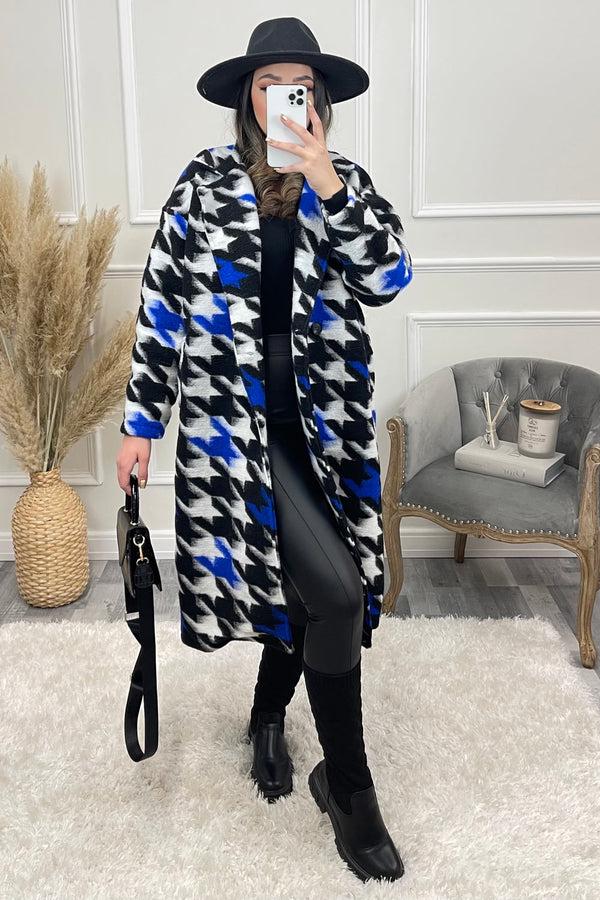 Lasula Mai Blue And White Multi Dogtooth Print Knitted Longline Coat