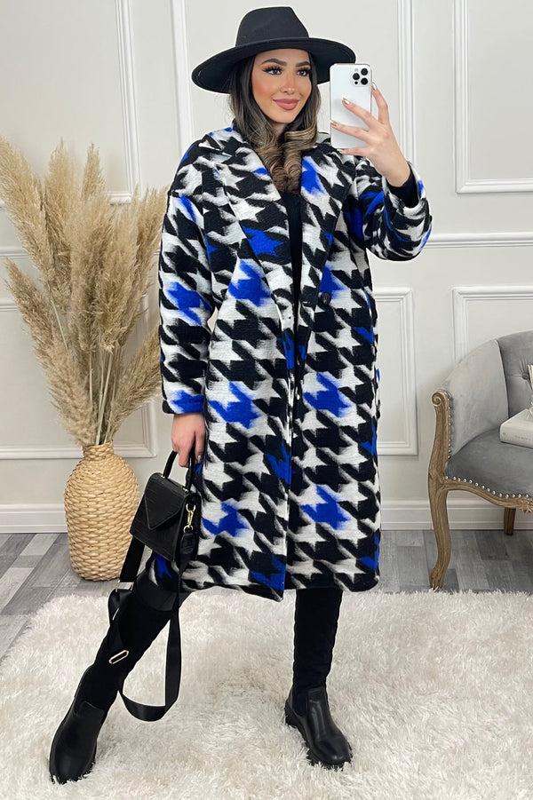 lasula Mai Blue and White Multi Dogtooth Print Knitted Longline Coat