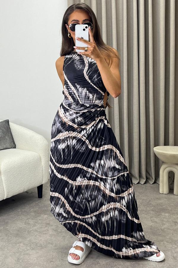 Lasula Mallory Black Tie Dye Abstract Print One Shoulder Cut Out Pleated Satin Maxi Dress