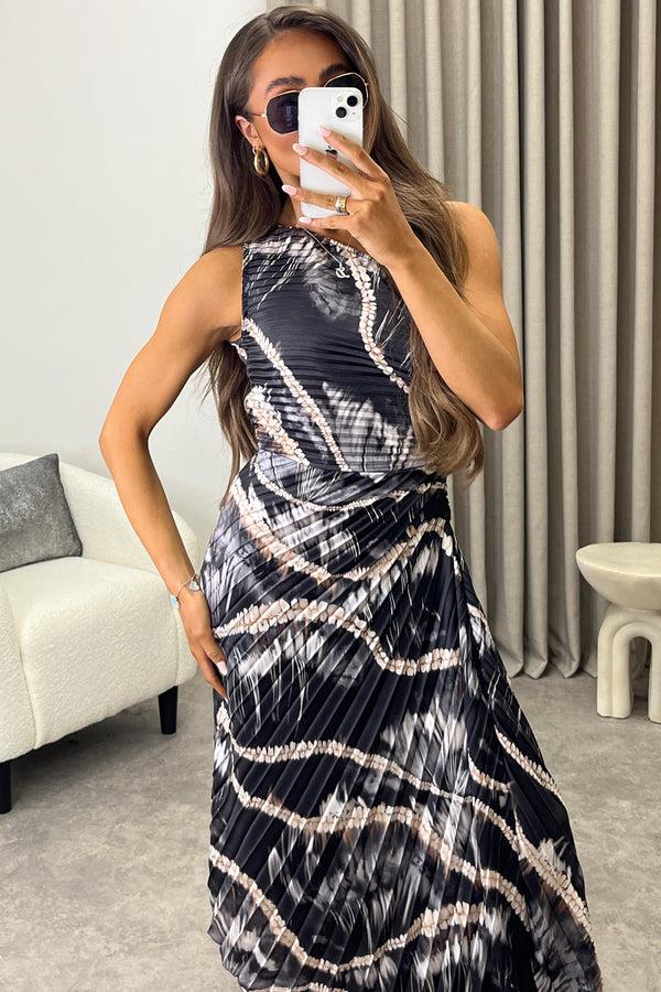 Lasula Mallory Black Tie Dye Abstract Print One Shoulder Cut Out Pleated Satin Maxi Dress