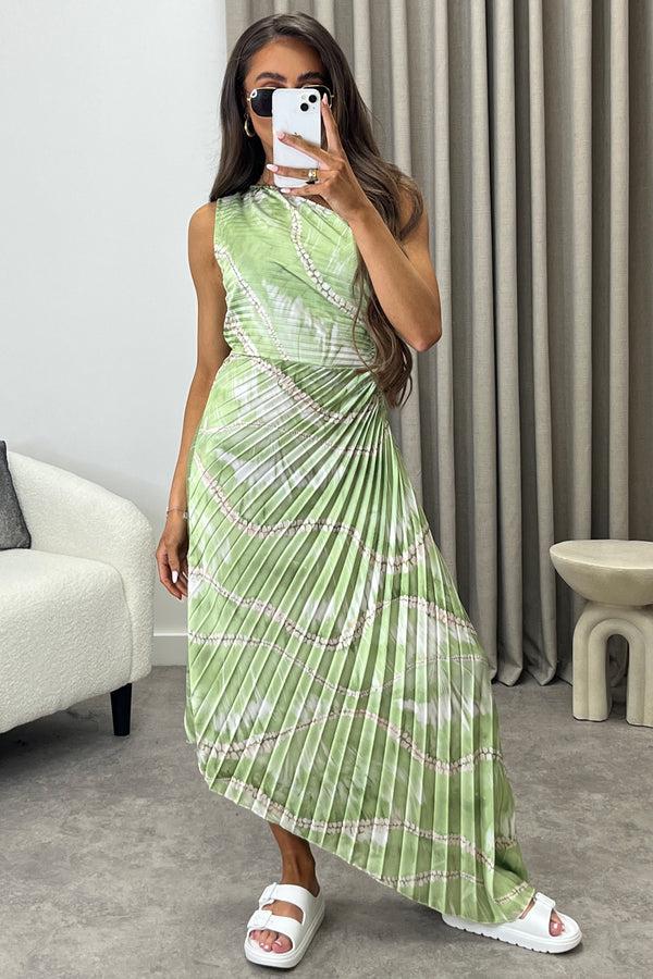 Lasula Mallory Green Tie Dye Abstract Print One Shoulder Cut Out Pleated Satin Maxi Dress