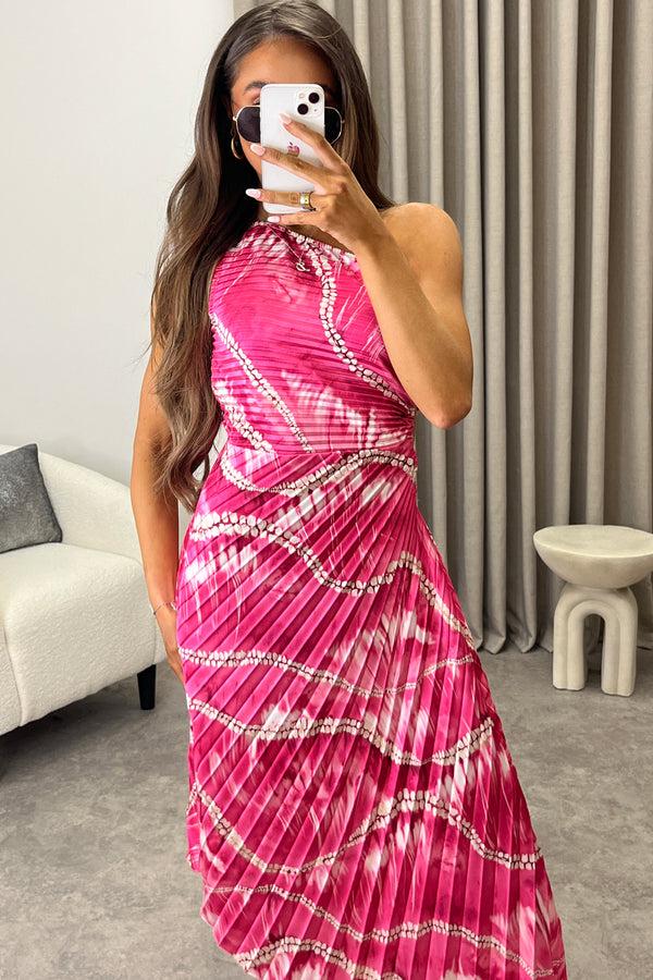 Lasula Mallory Pink Tie Dye Abstract Print One Shoulder Cut Out Pleated Satin Maxi Dress