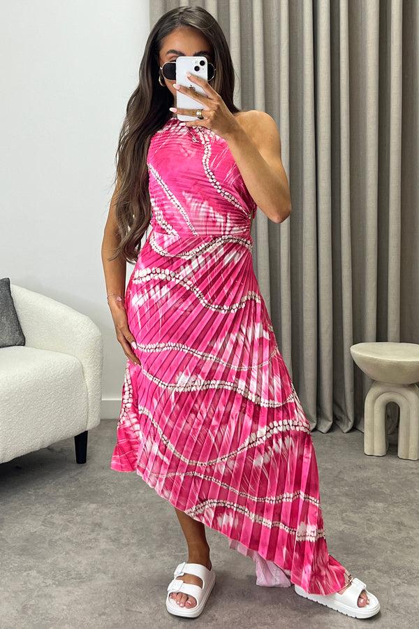 Lasula Mallory Pink Tie Dye Abstract Print One Shoulder Cut Out Pleated Satin Maxi Dress