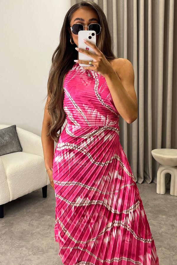 Lasula Mallory Pink Tie Dye Abstract Print One Shoulder Cut Out Pleated Satin Maxi Dress