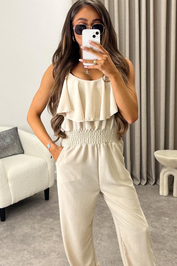 Lasula Manda Beige Frill Detail Sleeveless Jumpsuit