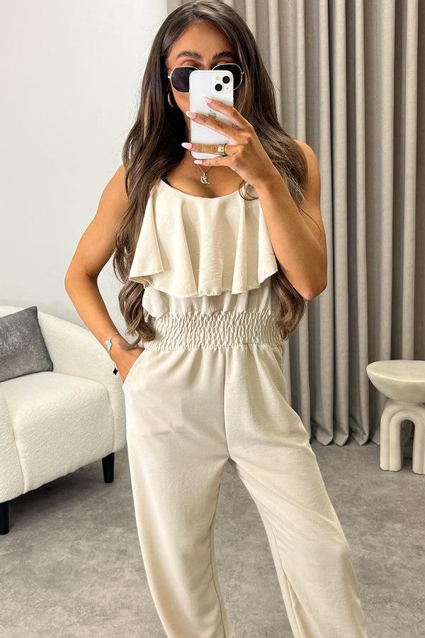 Lasula Manda Beige Frill Detail Sleeveless Jumpsuit
