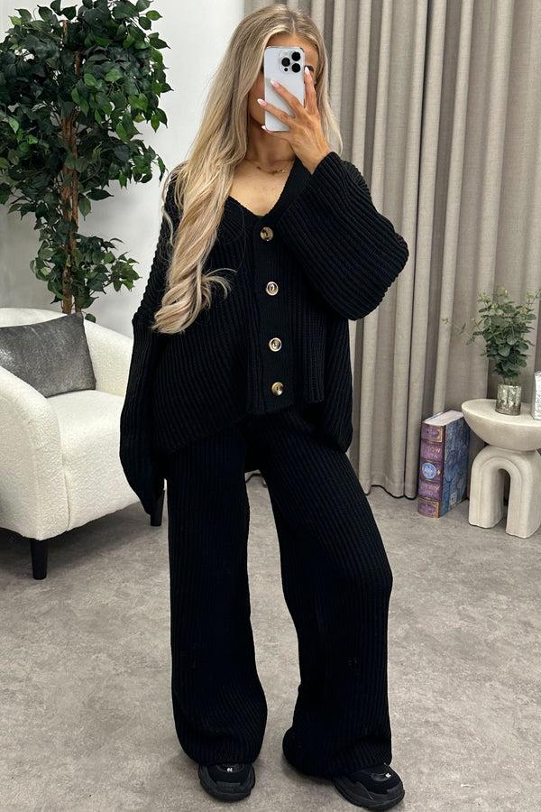 Lasula Mandi Black Ribbed Knit Cardigan And Trousers Loungewear Set