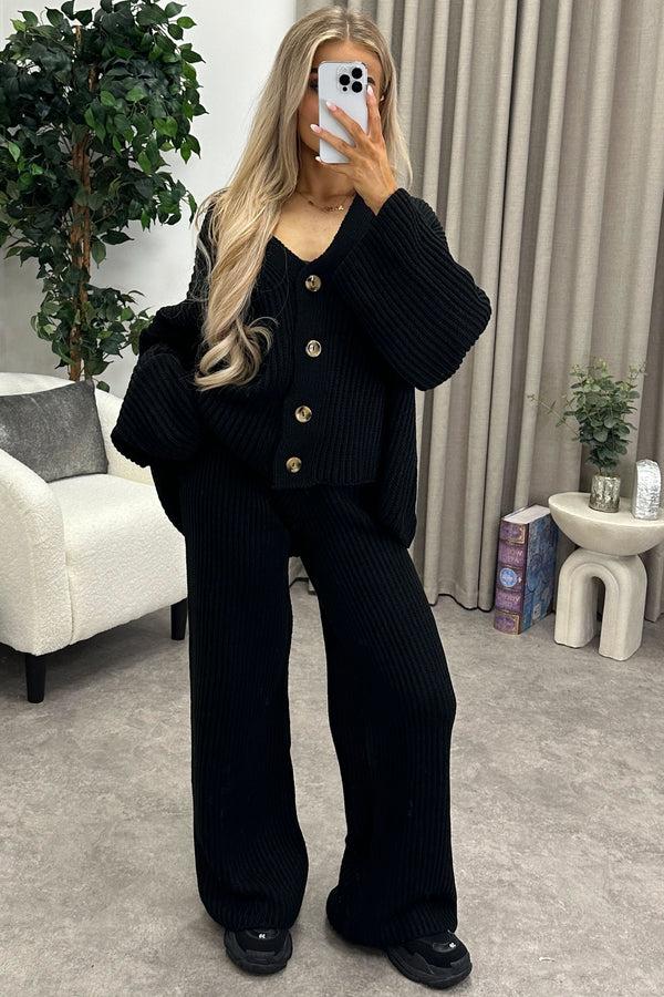 Lasula Mandi Black Ribbed Knit Cardigan And Trousers Loungewear Set