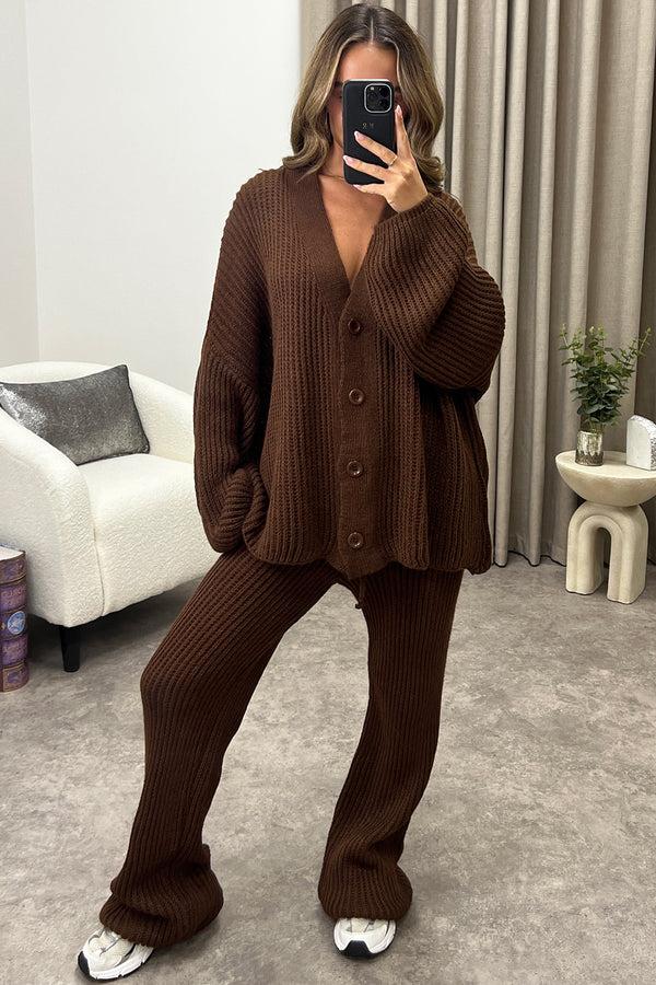 Lasula Mandi Brown Ribbed Knit Cardigan And Trousers Loungewear Set