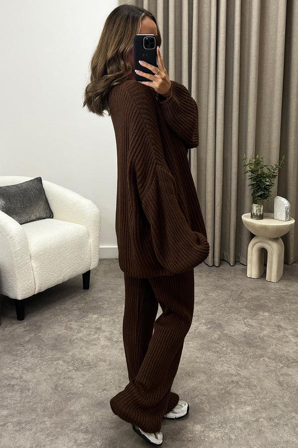 Lasula Mandi Brown Ribbed Knit Cardigan And Trousers Loungewear Set