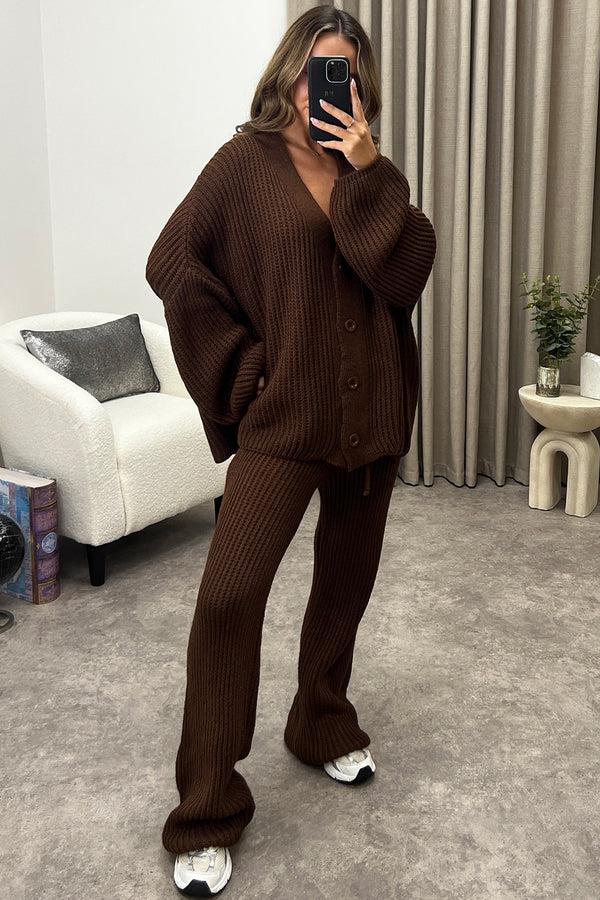 Lasula Mandi Brown Ribbed Knit Cardigan And Trousers Loungewear Set