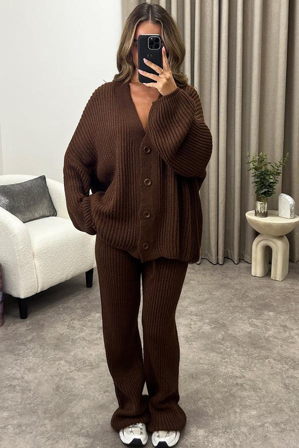 lasula Mandi Brown Ribbed Knit Cardigan and Trousers Loungewear Set