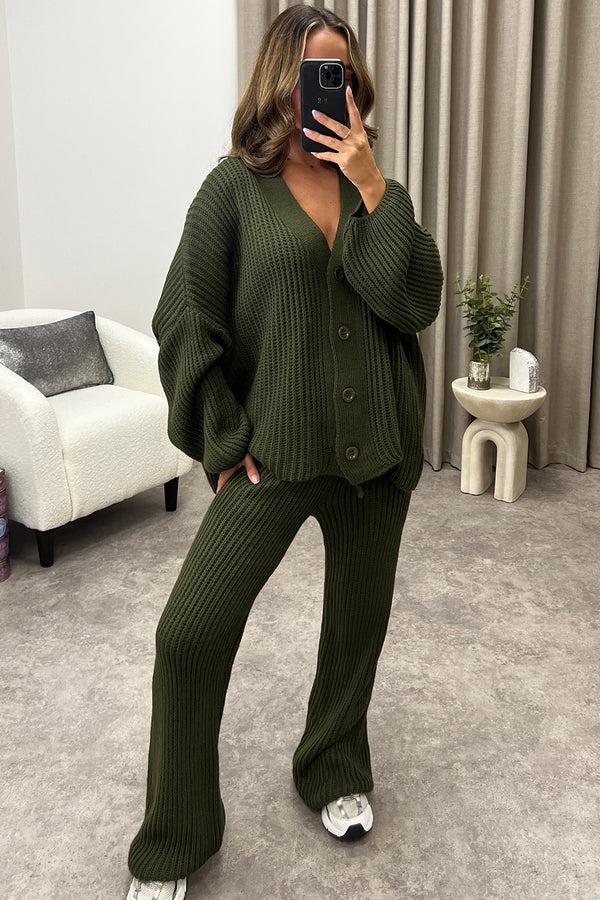 Lasula Mandi Khaki Ribbed Knit Cardigan And Trousers Loungewear Set