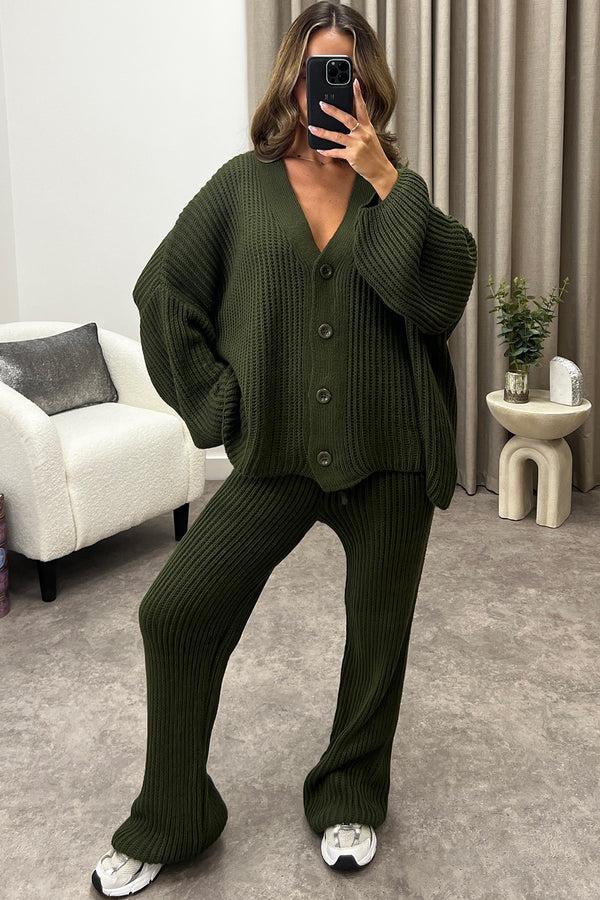 Lasula Mandi Khaki Ribbed Knit Cardigan And Trousers Loungewear Set