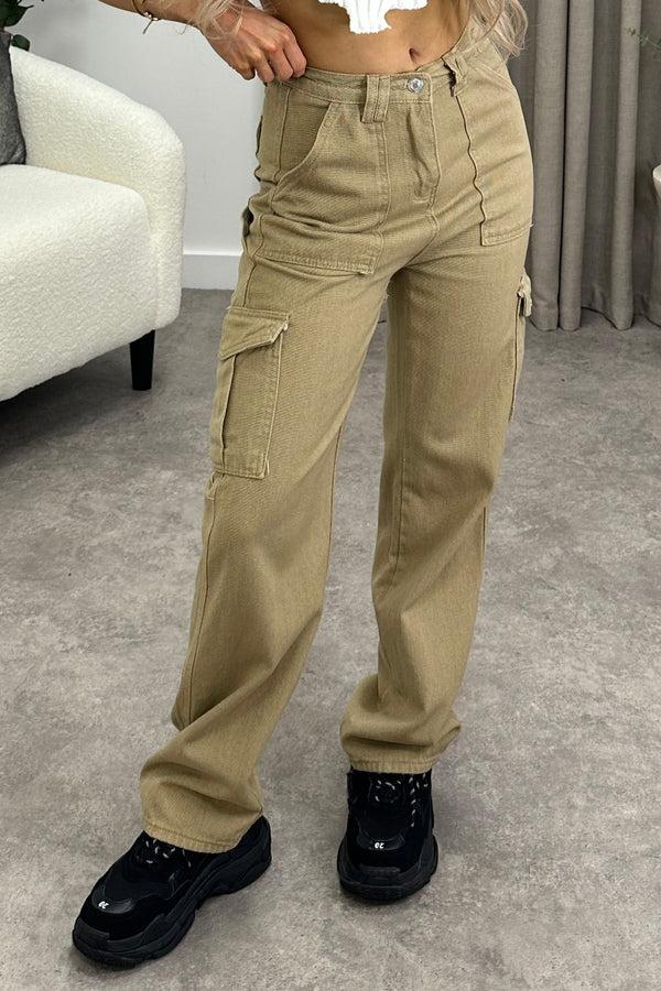 Lasula Marilyn Dark Beige Double Pocket Wide Leg Cargo Denim Jeans