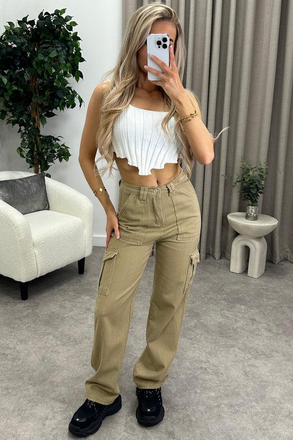 Lasula Marilyn Dark Beige Double Pocket Wide Leg Cargo Denim Jeans