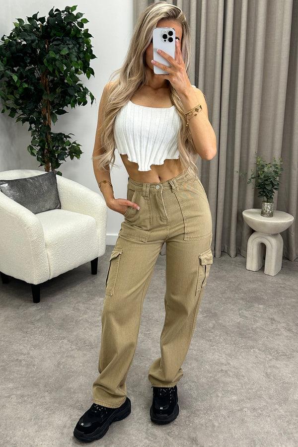 lasula Marilyn Dark Beige Double Pocket Wide Leg Cargo Denim Jeans